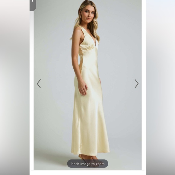 KHALANI MIDI DRESS - DEEP V NECK SATIN SLIP DRESS IN BUTTER YELLOW SHOWPO - Picture 2 of 3